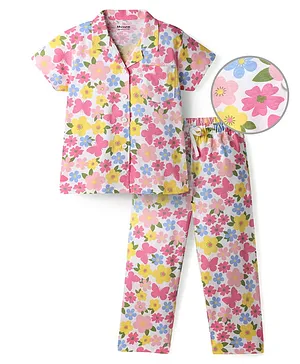 Honeyhap Premium Cotton Knit Half
                              Sleeves Floral & Butterfly Printed
                              Co-Ords Shirt & Pyjama Night Suit With
                              Bio Wash- White & Pink
