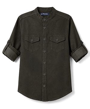 Pine Kids Cotton Woven Full Sleeves Solid Mandarin Collar Shirt - Dark Green