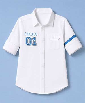 Pine Kids Cotton Woven Shirt with Full Sleeves and Chicago 01 Text Print - White
