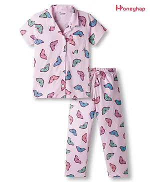 Honeyhap Premium Cotton Knit Half
                              Sleeves Shirt & Pyjama Co-Ord Night
                              Suit With Bio Finish & Butterfly Print
                              - Festival Bloom