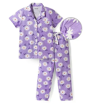 Honeyhap Premium Cotton Knit Half
                              Sleeves Floral Printed Co-Ords Shirt &
                              Pyjama Night Suit With Bio Wash - Violet