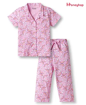 Honeyhap Premium Cotton Knit Half
                              Sleeves Shirt & Pyjama Co-Ord Night
                              Suit With Bio Finish & Rainbow Print -
                              Nosegay