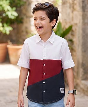 Pine Kids Cotton Woven Full Sleeves Colour Block Solid Colour Shirt - White Maroon & Navy
