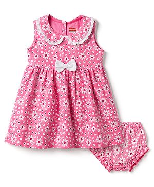 Babyhug Single Jersey Knit Sleeveless Floral Printed Frock With Bloomer & Bow Applique - Multicolor