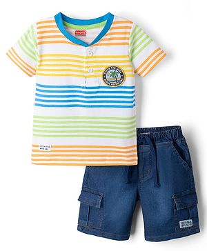 Babyhug Single Jersey Knit Half Sleeves Striped T-Shirt & Denim Shorts Set - Blue