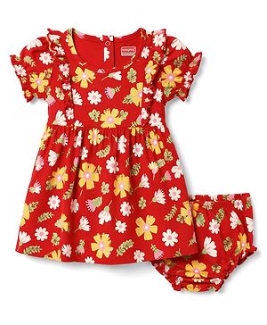 Babyhug Single Jersey Knit Half Sleeves Floral Printed Frock With Bloomer - Multicolor