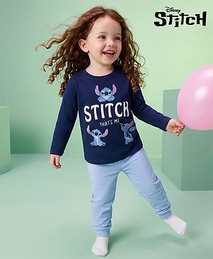 Bonfino Disney 100% Cotton Knit Full Sleeves T-Shirt & Pyjama Night Suit With Stitch Graphic- Navy & Light Blue
