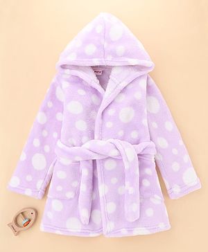 Babyhug Velour Knit Full Sleeves Hooded Bath Robe with Polka Dot Print - Lavender