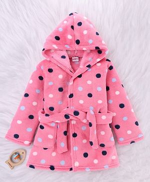 Babyhug Velour Knit Full Sleeves Hooded Bath Robe With Polka Dots Print - Pink