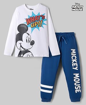Pine Kids Disney Single Jersey Knit Full Sleeves T-Shirt & Pyjama Night Suit with Mickey Mouse Graphic - White