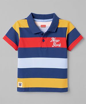 Babyhug 100% Cotton Knit Half Sleeves Striped Polo T-Shirt with Text Embroidered - Navy Blue
