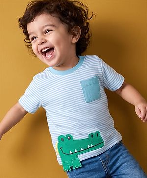 Babyhug 100% Cotton Knit Striped T-Shirt with Half Sleeves and Crocodile Applique - Sky Blue