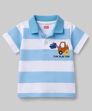 Babyhug 100% Cotton Knit Striped Polo T-Shirt With Half Sleeves & Fun Play Day Embroidery - Blue