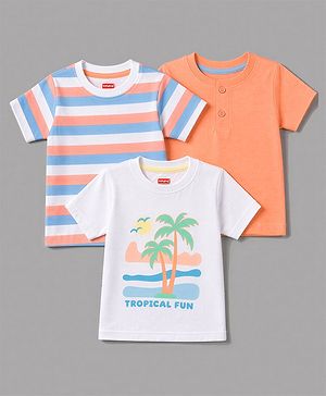 Babyhug 100% Cotton Knit Half Sleeves Striped & Solid T-Shirts Pack Of 3 - Orange & White