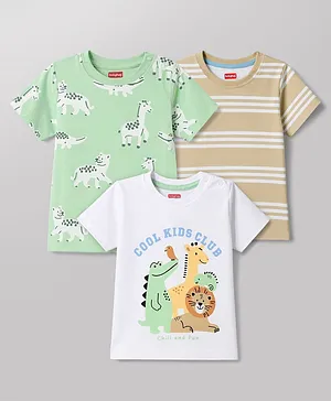 Babyhug 100% Cotton Knit Half Sleeves Striped & Animal Printed T-Shirts Pack Of 3 -Light Green & White
