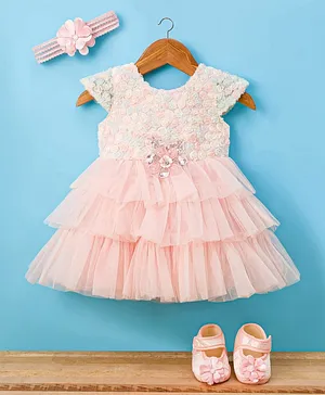 Enfance Cotton Mixes Woven Half
                              Sleeves Floral Sequinned Party Frock With
                              Headband & Booties Set - Peach