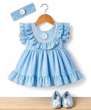 Enfance Georgette Woven Frill Sleeves
                              Self Designed Party Dress with Headband
                              & Booties - Blue