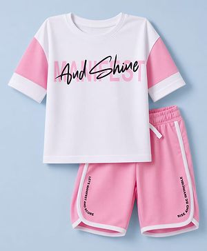 Pine Active Knit Half Sleeves Text Printed T-Shirt & Shorts Set - White & Pink