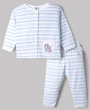 ToffyHouse Single Jersey Knit Full Sleeves Striped T-Shirt & Lounge Pant Set with Unicorn Patch - White