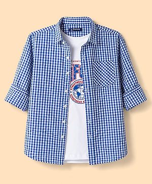 Pine Kids 100% Cotton WOven Full Sleeves Checked Shirt With Text Printed Tank T-Shirt - Multicolor