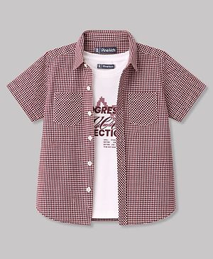 Pine Kids Cotton Woven Half Sleeves Checks Shirt With  Tank T-Shirt - Maroon
