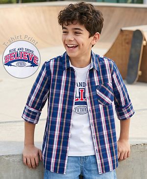 Pine Kids Cotton Woven Checks Shirt with T-Shirt Blue 4-5 Years