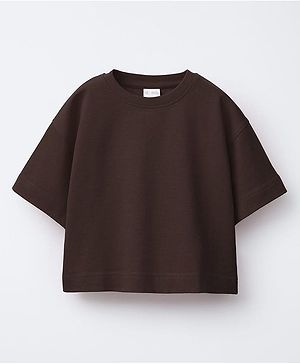 ALAN JONES Cotton Knit Half Sleeves Solid Oversized Crop Tee - Brown