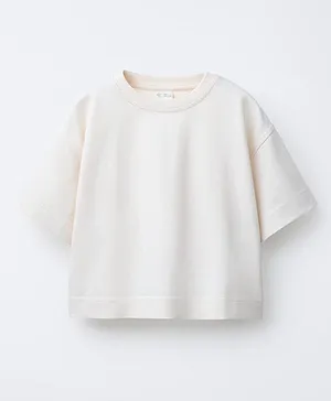 ALAN JONES Cotton Knit Half Sleeves
                              Solid Oversized Crop Tee - Ecru
