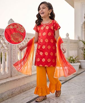 Pine Kids Woven Half Sleeves Floral Foil Printed Kurti Chudidar Set With Dupatta - Red
