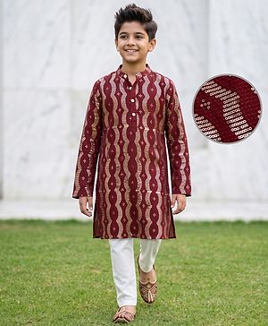 Pine Kids Woven Full Sleeves Sequinned Kurta & Pyjama Set - Maroon