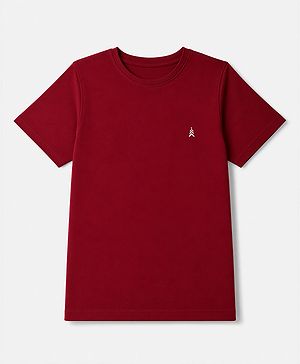 Pine Kids Cotton Knit Half Sleeves T-Shirt with Logo Print - Dark Red