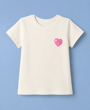 Pine Kids Cotton Knit Half Sleeves T-Shirt with Heart Print - White