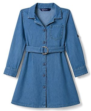 Pine Kids 100% Cotton Woven Full Sleeves Shirt Dress With Belt - Blue
