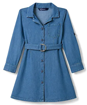 Pine Kids 100% Cotton Woven Full
                                  Sleeves Shirt Dress With Belt - Blue
