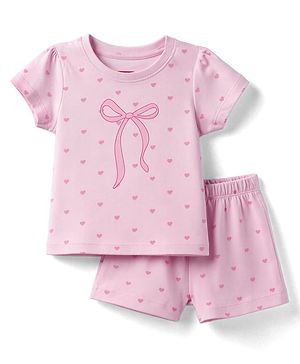 Babyhug 100% Cotton Knit Half Sleeves T-Shirt & Shorts Night Suit With Bow & Heart Print - Light Pink