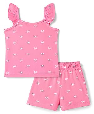 Babyhug Cotton Knit Sleeveless Bow Printed Co-Ords Top & Shorts Night Suit - Pink