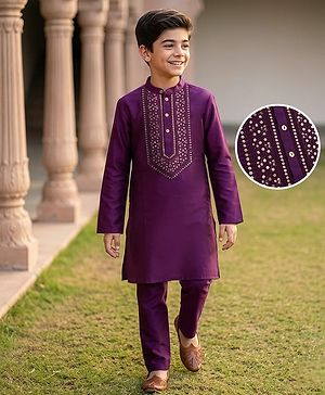 Pine Kids Woven Full Sleeves Floral Embroidered Kurta & Pyjama Set - Purple