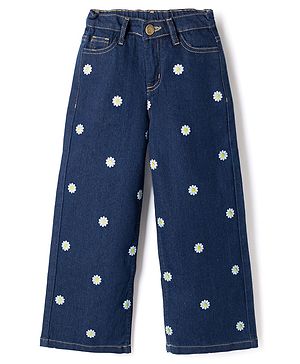 Pine Kids Denim Woven Full Length Jeans with Daisies Print - Blue