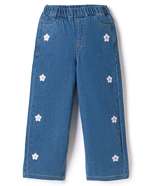 Pine Kids Denim Woven Full Length Jeans with Flower Embroidery in Navy Blue