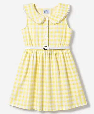 Hola Bonita Woven Sleeveless
                                  Checked Peter Pan Collar Dress With
                                  Belt & Lace Detailing - Yellow