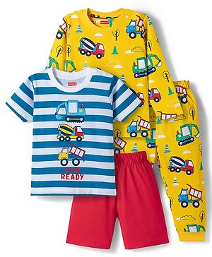 Babyhug 100% Cotton Knit Full Sleeves Co-Ords Pyjama & Shorts Night Suit with JCB Print Pack of 2 - Multicolour