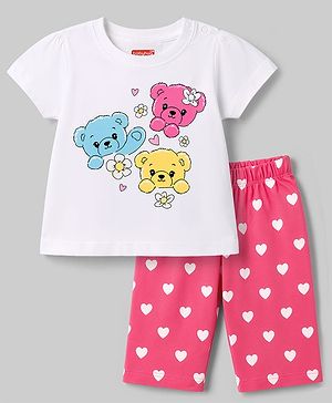 Babyhug 100% Cotton Knit Half Sleeves T-Shirt & Capri Night Suit With Teddy & Hearts Print - White