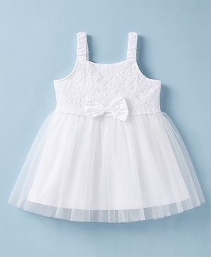 Babyhug Mesh Woven Sleeveless Solid Colour Frock with Bow Applique - White
