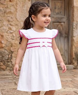 Babyhug Cotton Woven Cap Sleeeves Frock with Bow & Lace Detailing - White & Pink