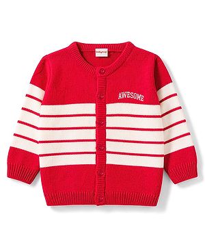 Babyhug Knit Full Sleeves Front Open Striped Sweater - Dark Red