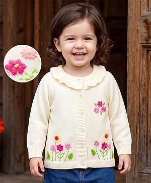 Babyhug Knit Full Sleeves Front Open Floral Embroidered Sweater - White