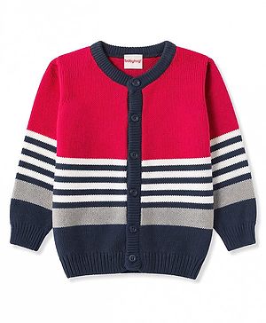 Babyhug Knit Full Sleeves Front Open Striped Sweater - Red