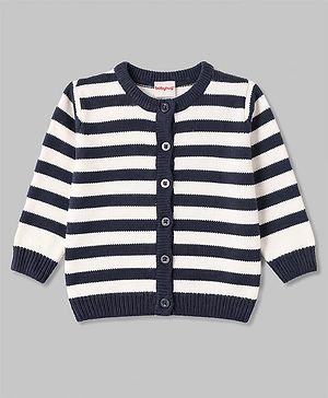 Babyhug Knit Full Sleeves Front Open Striped Sweater - Navy