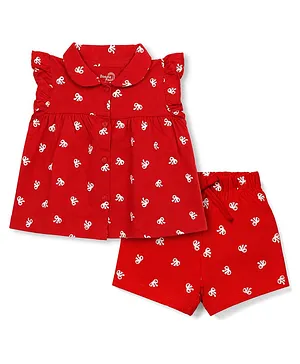 Doodle Poodle Single Jersey Knit
                              Frill Sleeves Top & Shorts Co-Ords
                              Night Suit with Bow Print - Red