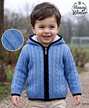 Babyhug Fur- Lined Knit Full Sleeves Cable Fur- Lined Knit Hooded Sweater - Blue